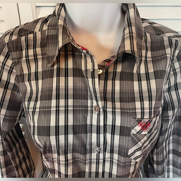 Guess Black Gray Plaid Long Sleeve Shirt Size Medium - Picture 2 of 11